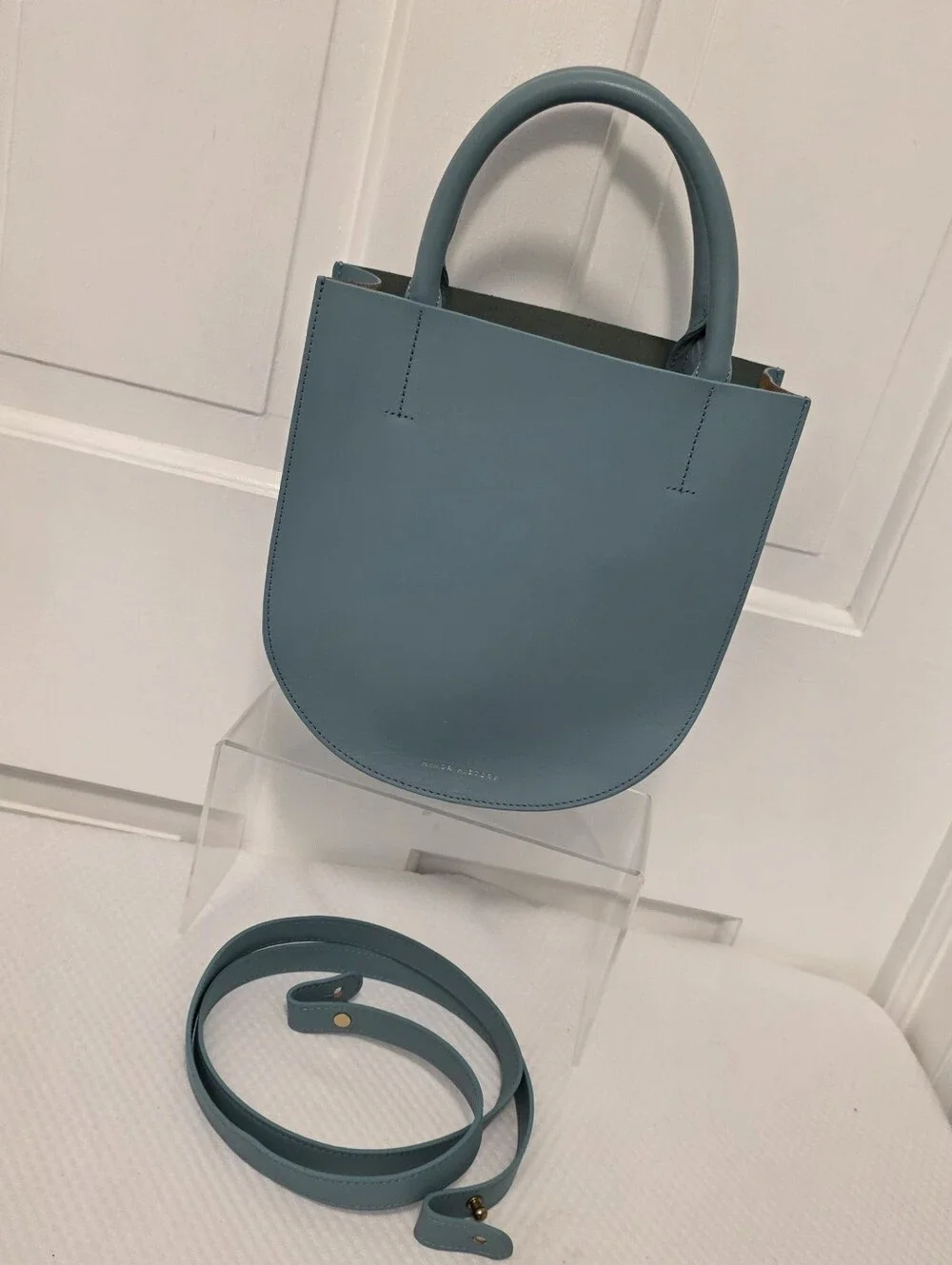Minor History Blue Satchel/Crossbody Leather Open Top, Stylish, Sleek, Modern